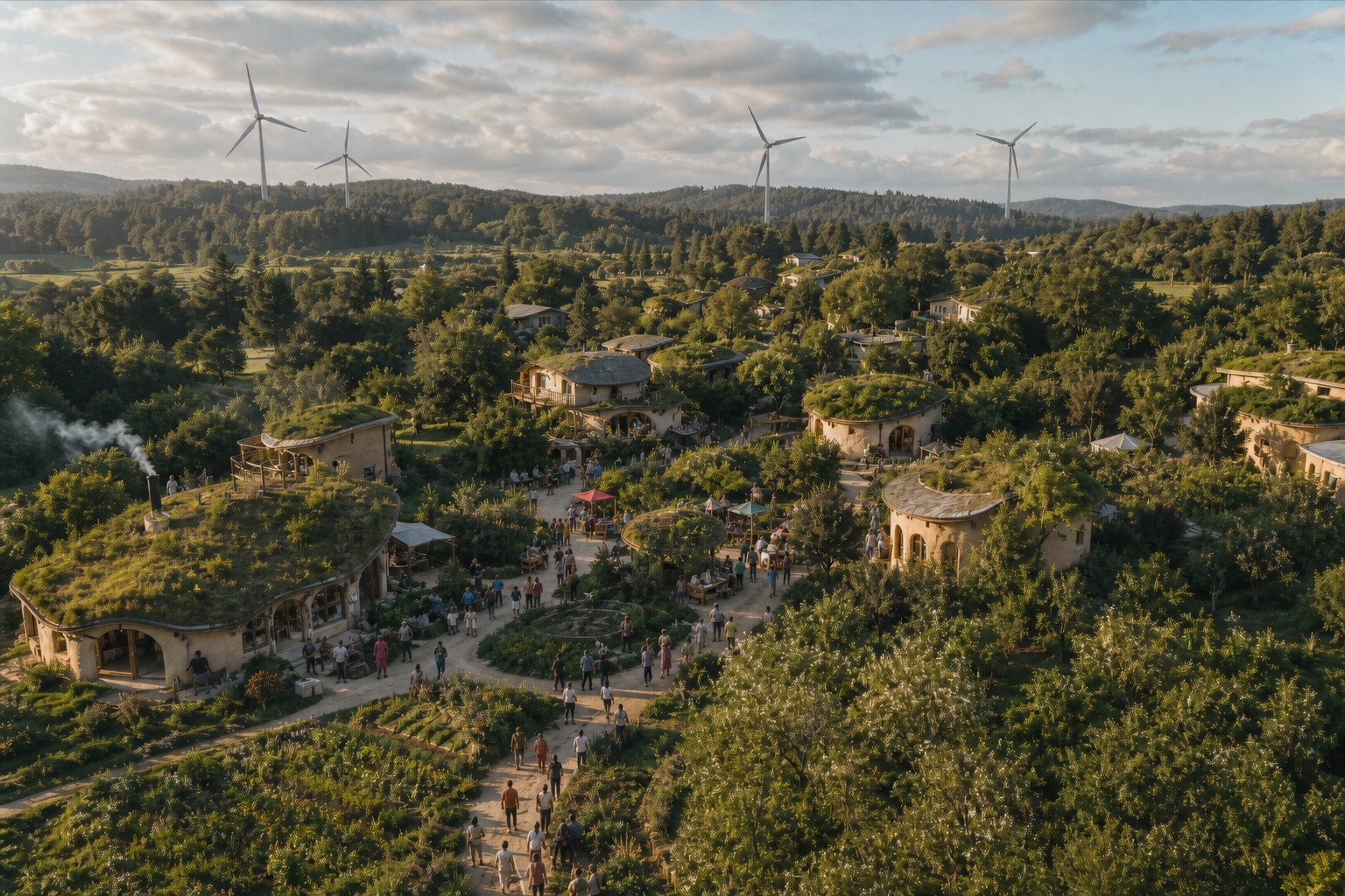 An intentional regenerative community among trees, gardens, natural buildings, and artisan workspaces.