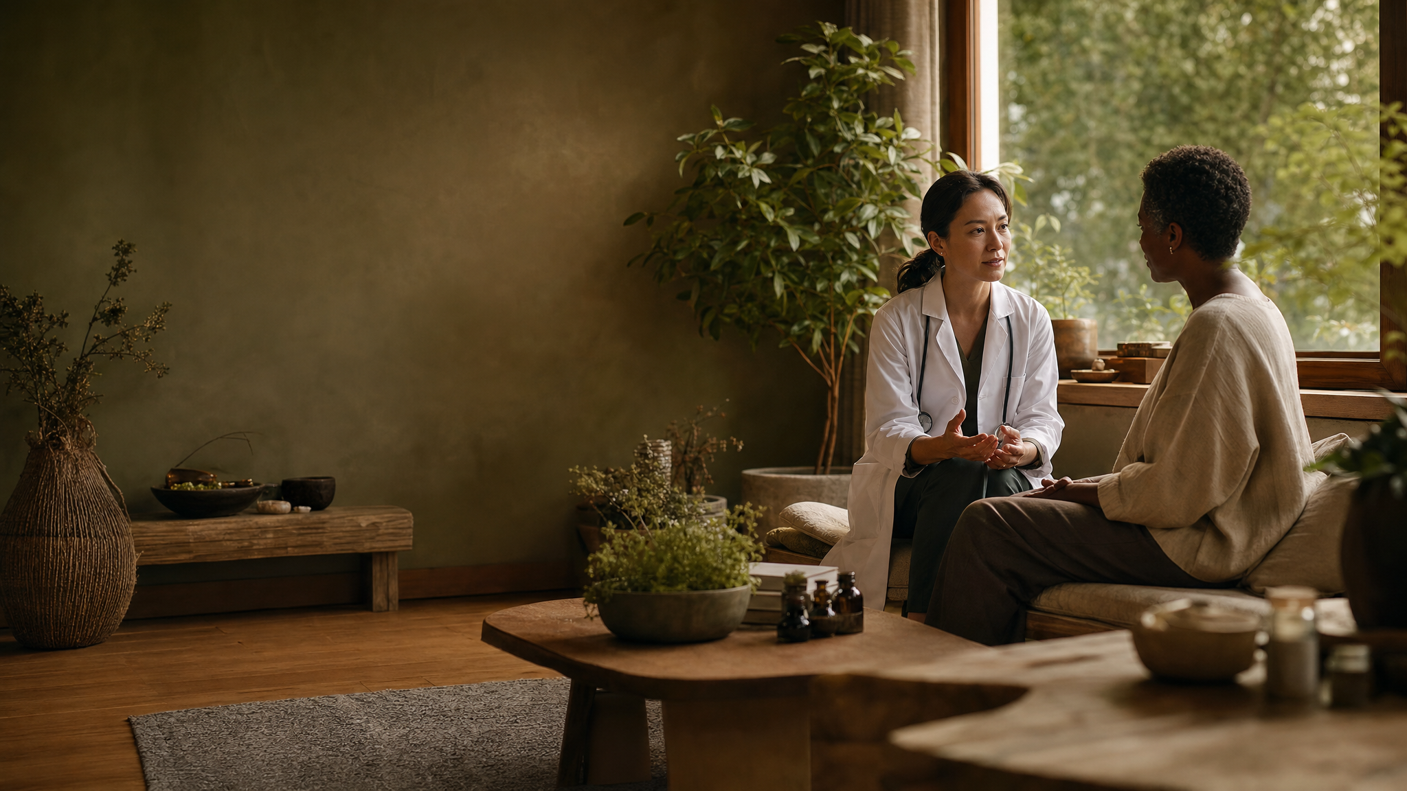A physician and patient share an attentive conversation in a calm, natural care room.